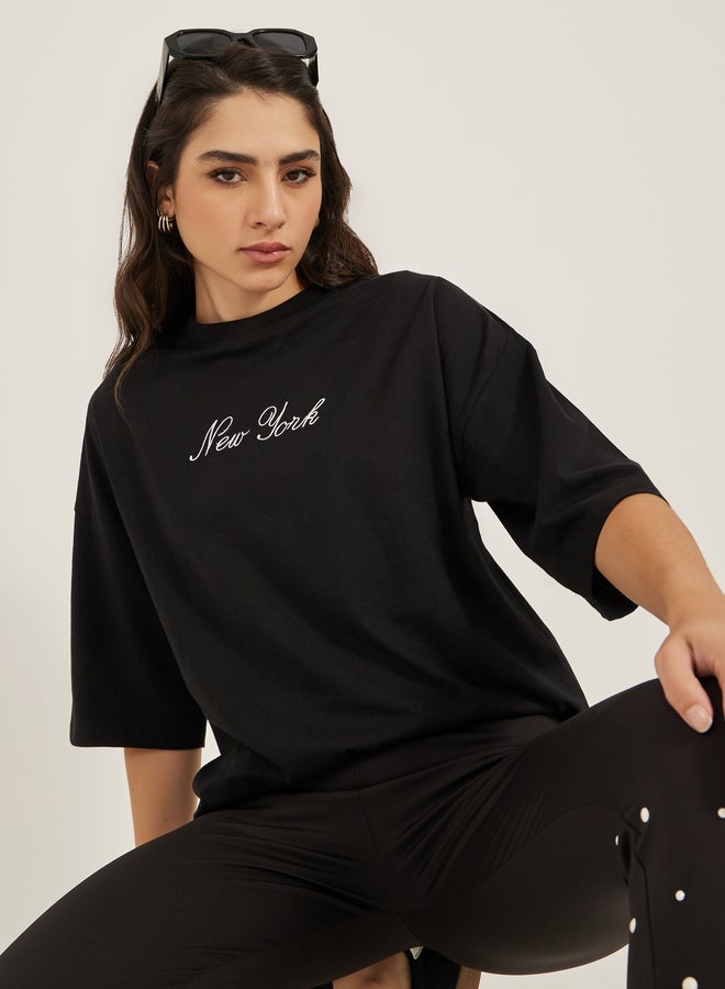 Styli Embroidered Slogan Round Neck Oversized T-Shirt - Image 3